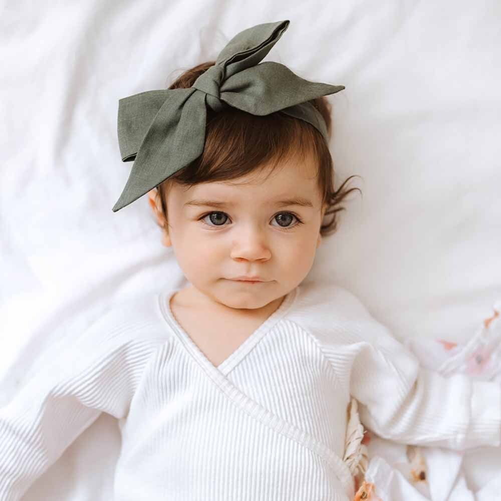 Olive Pre-Tied Linen Bow - Baby &amp; Toddler