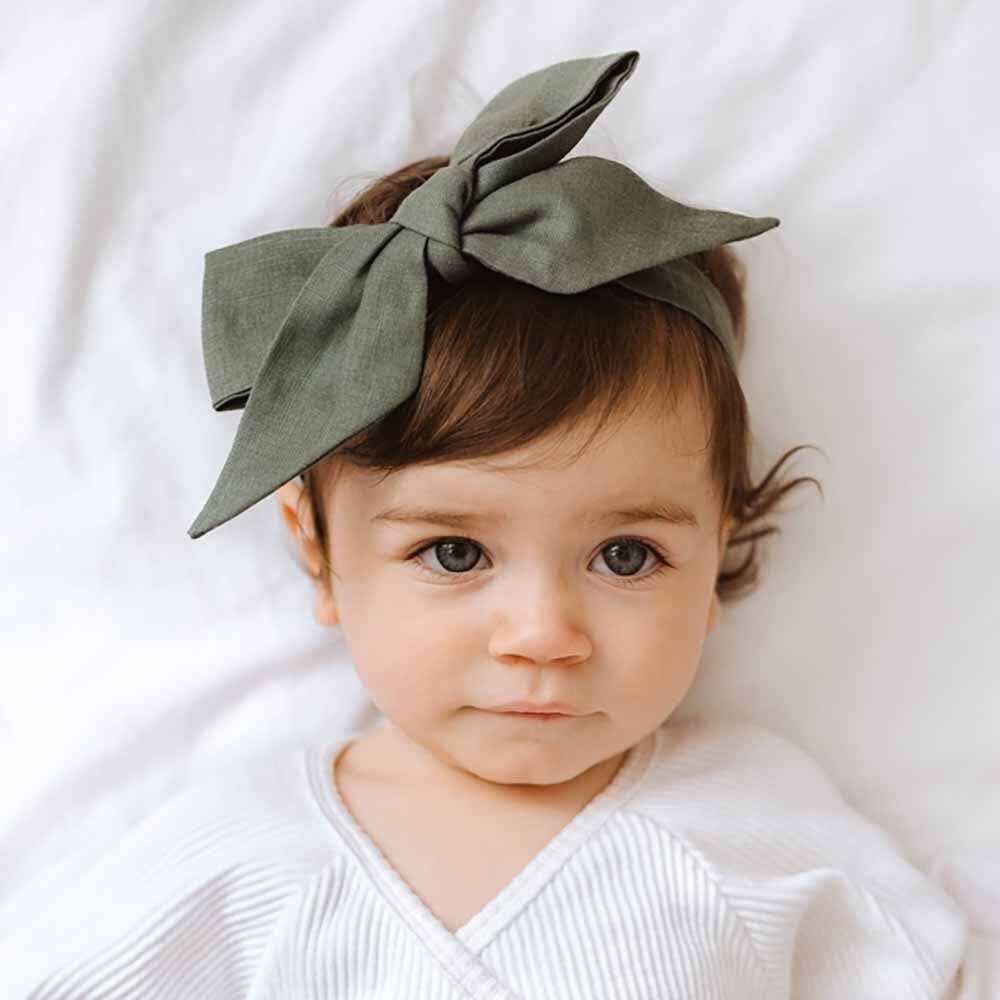 Olive Pre-Tied Linen Bow - Baby &amp; Toddler