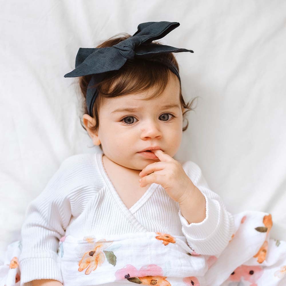 Navy Blue Pre-Tied Linen Bow - Baby &amp; Toddler