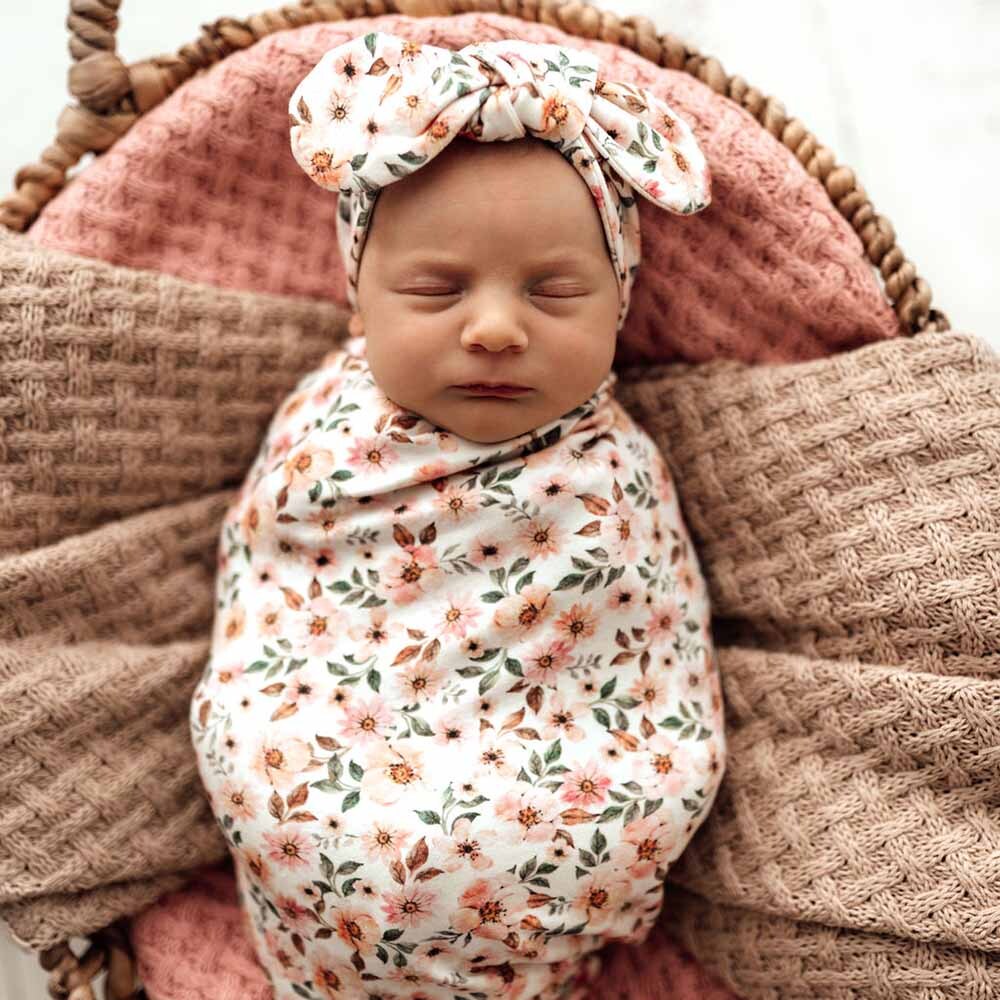 Spring Floral Organic Snuggle Swaddle &amp; Topknot Set