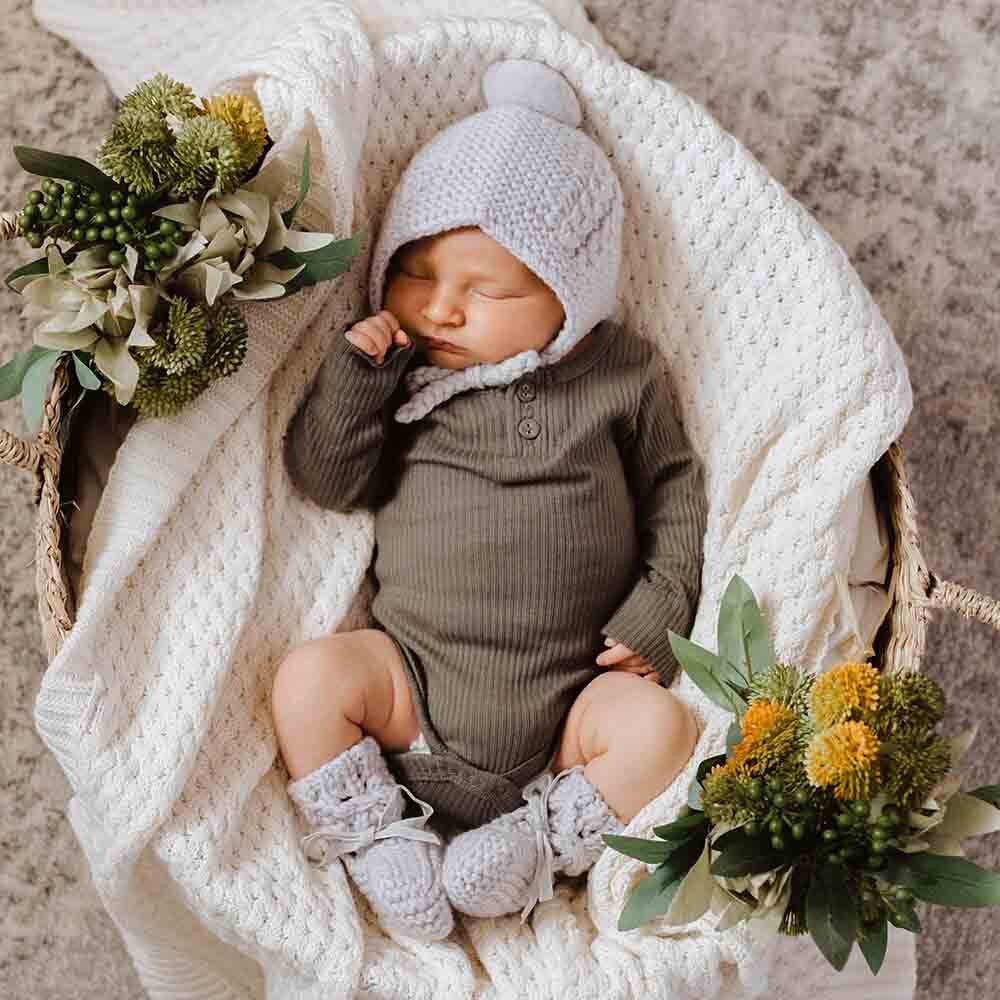 Grey Merino Wool Bonnet &amp; Booties