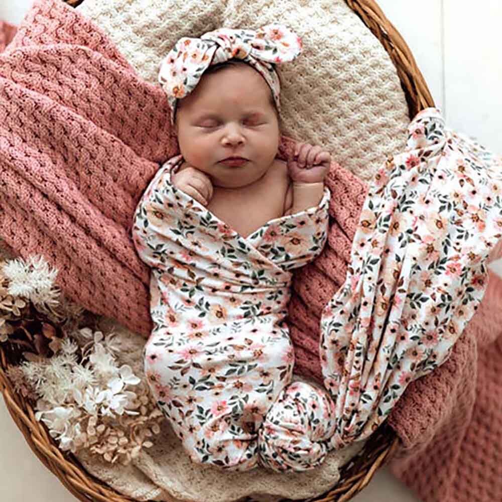 Spring Floral Organic Jersey Wrap &amp; Topknot Set