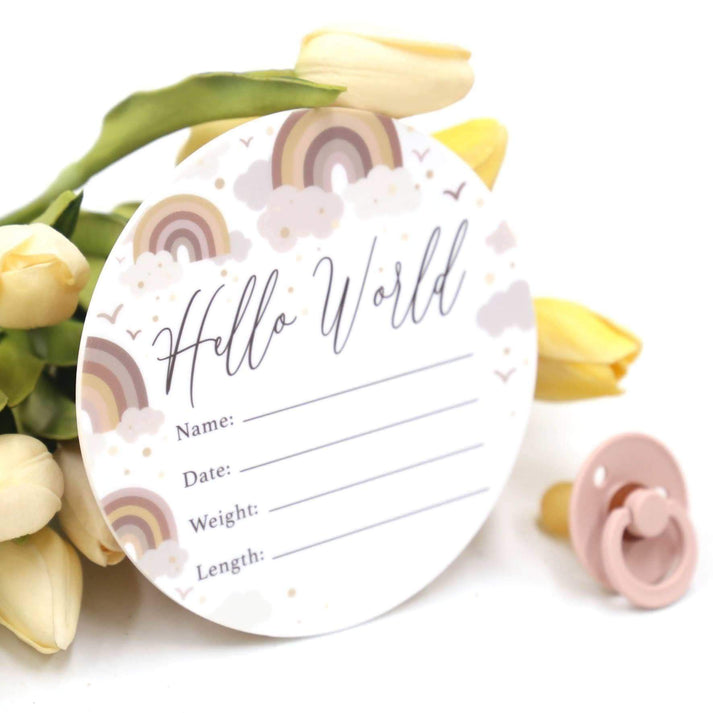 Birth Announcement Card- Hello World Earthy Cloud Rainbow