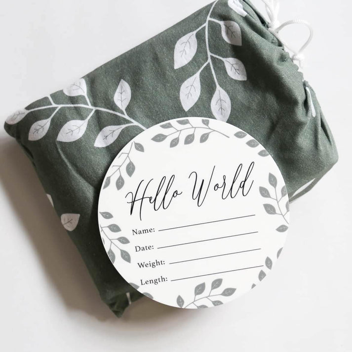 Birth Announcement Card- Hello World Organic Leaf Sage