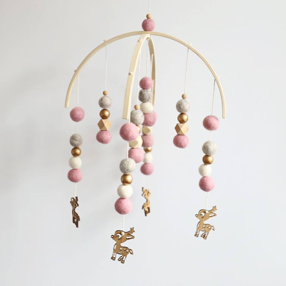 Baby Fawn Mobile - Dusty Pink, Pebbles, White, Raw Hex &amp; Gold