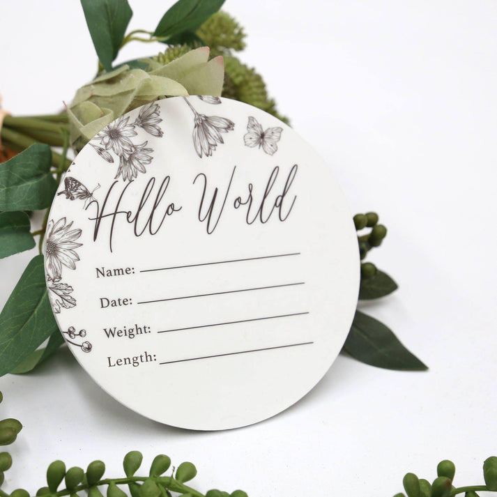 Birth Announcement Card- Hello World White Acrylic Printed Floral