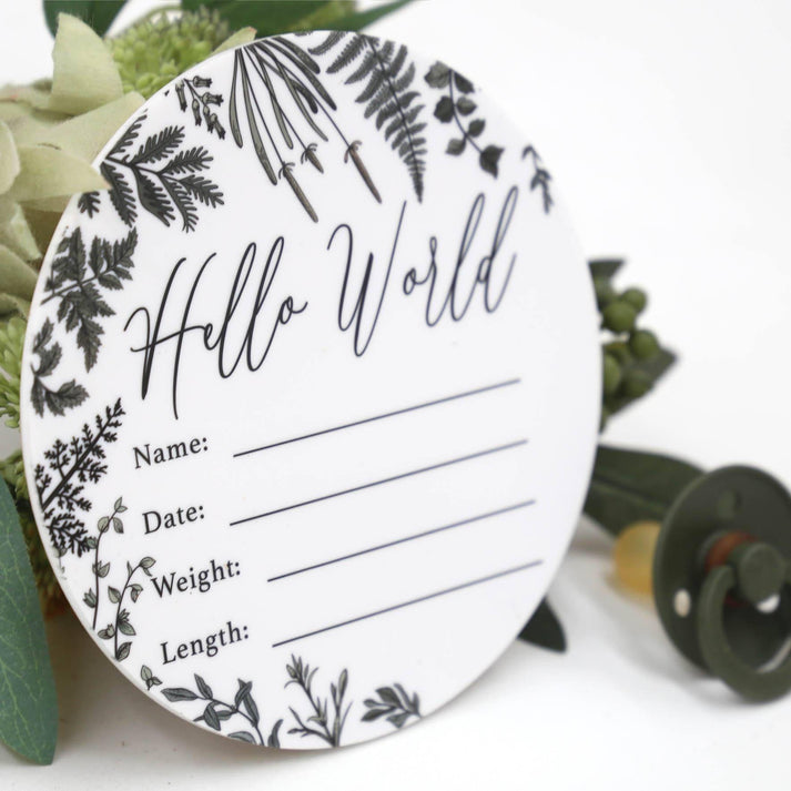 Birth Announcement Card- Hello World White Acrylic Printed Wild Leaf