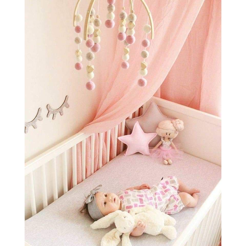 Dusty Pink, Pebbles, White, Hex Felt Ball Baby Mobile