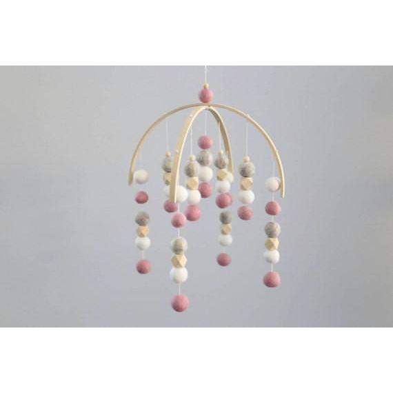 Dusty Pink, Pebbles, White, Hex Felt Ball Baby Mobile