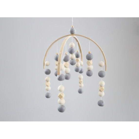 Powdered Blue, White and Raw Hex Felt Ball Mobile