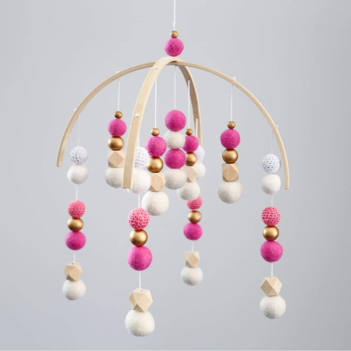 White, Bright Pink, White &amp; Pink Crochet, Gold Felt Ball Mobile