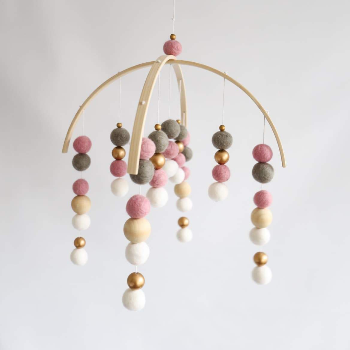 White, Grey, Dusty Pink, Gold, Raw Round Felt Ball Mobile