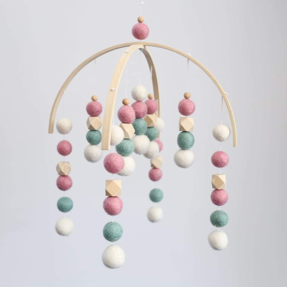 White, Mint, Dusty Pink, Raw Hex Felt Ball Mobile