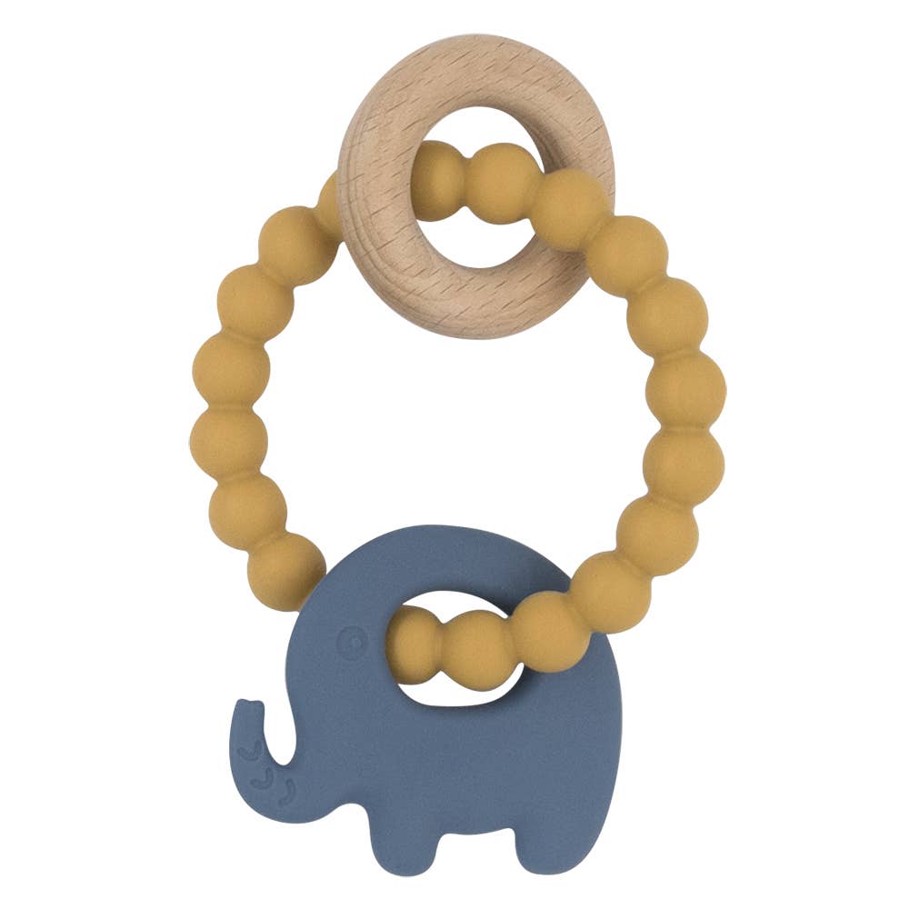 Silicone Elephant Teether with Beechwood Ring  - Steel Blue